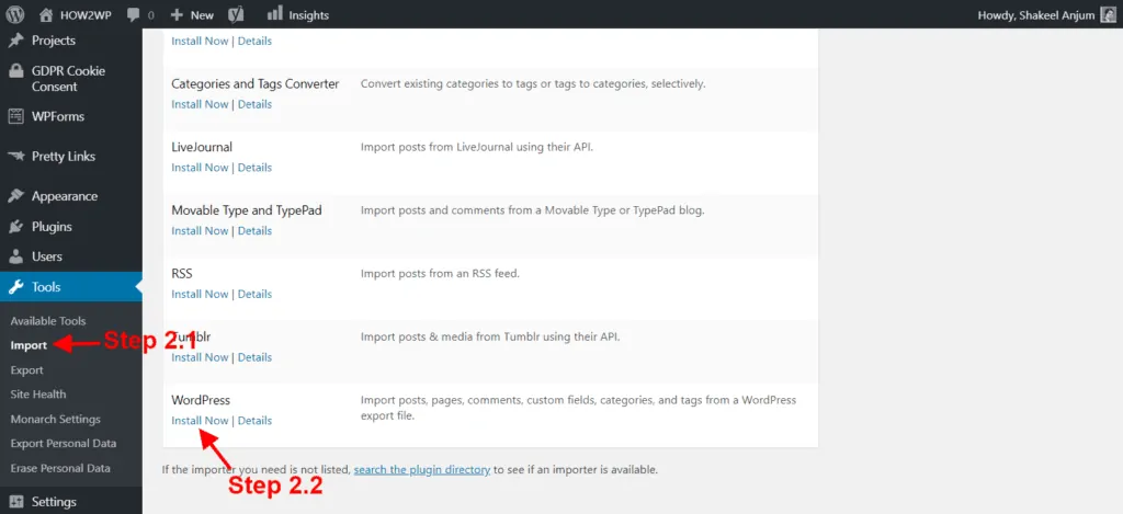 Import Content To Wordpress.org Step 2.1 And 2.2