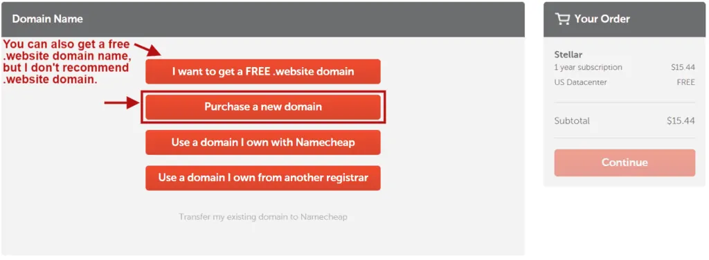 Select A Domain Name Method When Creating Namecheap Hosting Account.