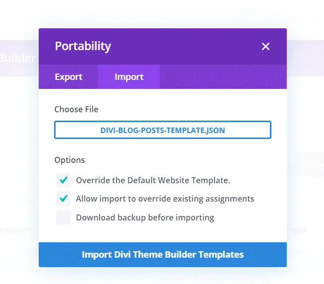 Import Divi Theme Builder Templates Portability Option In Divi Theme Builder