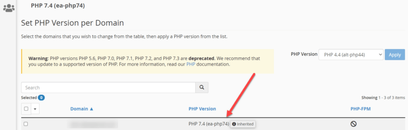 Select The Domain And Check The Php Version