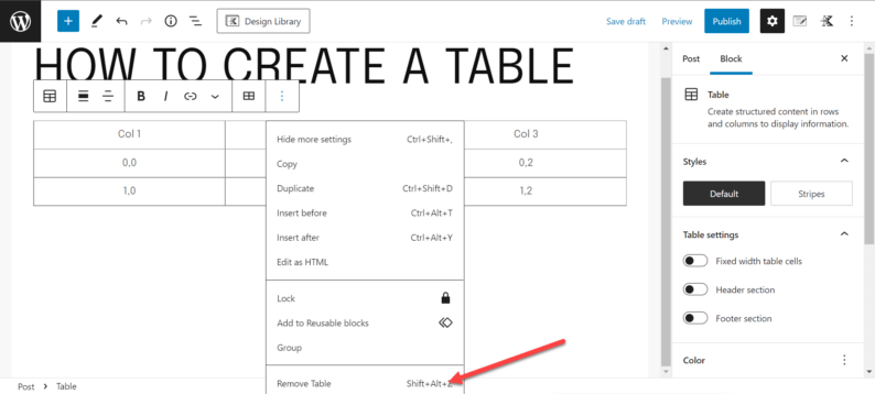 Click The &Quot;Remove Table&Quot; Option