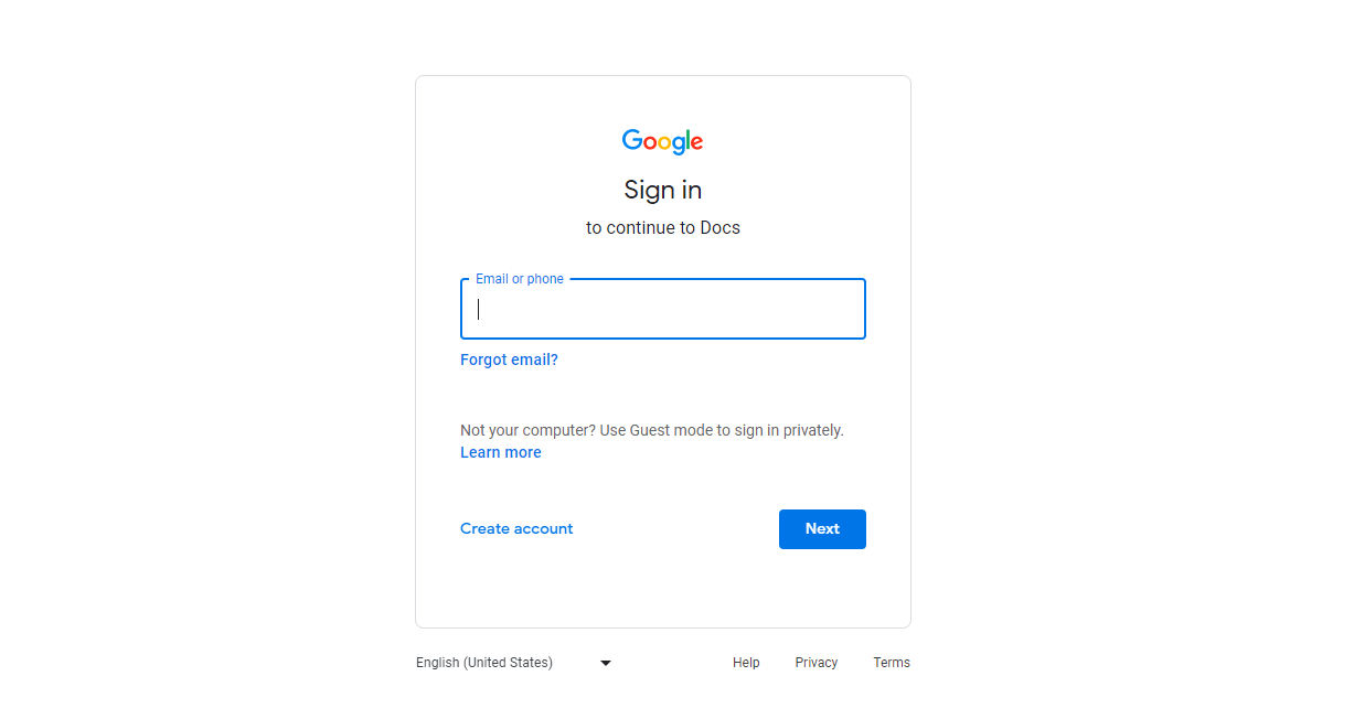 Google Docs Sign In Page