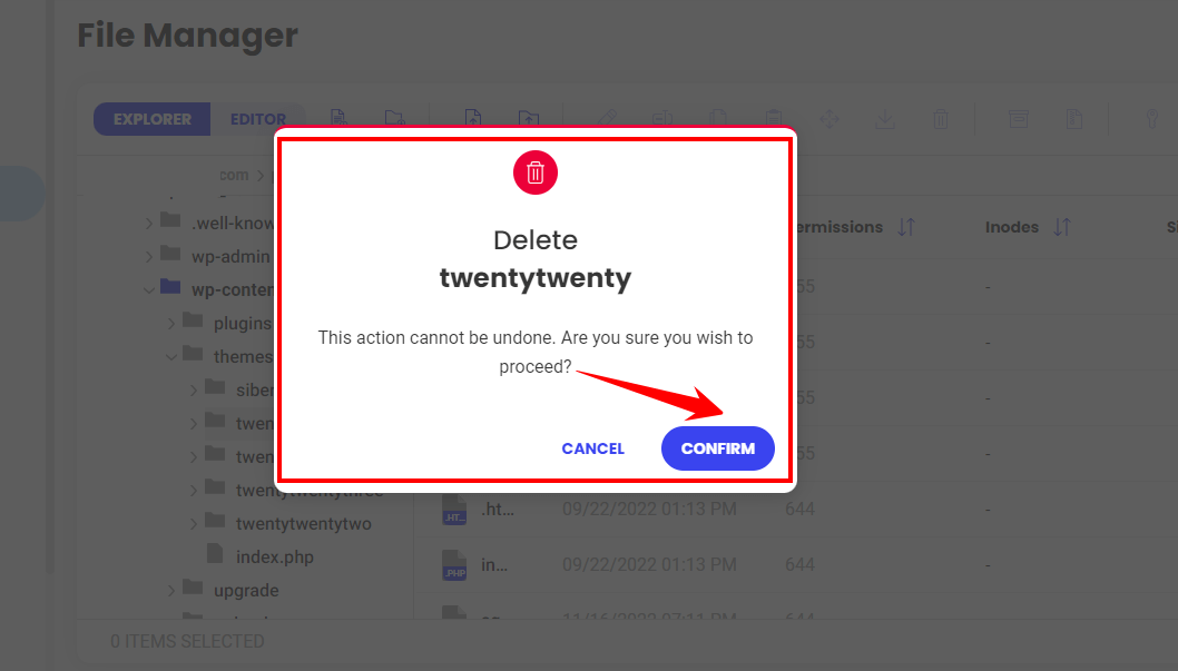 Click On Confirm Option To Delete The Theme Via Ftp