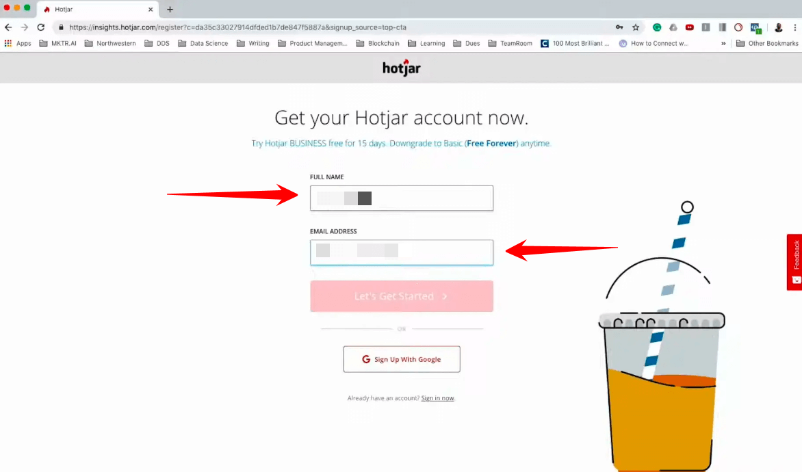Adding Name And Email Address For Hotjar Account Creation