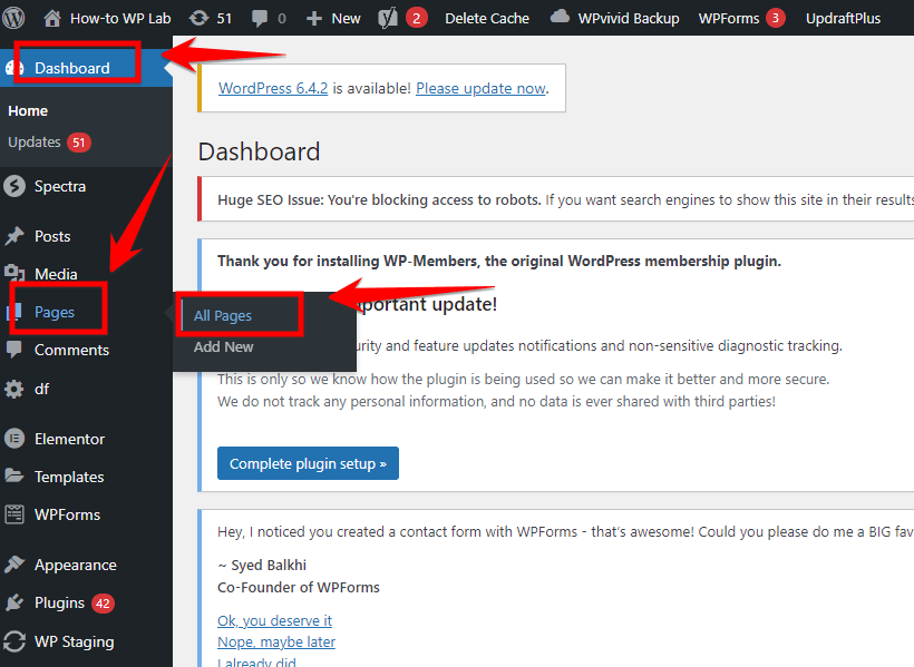 Pages Option In Wordpress Dashboard