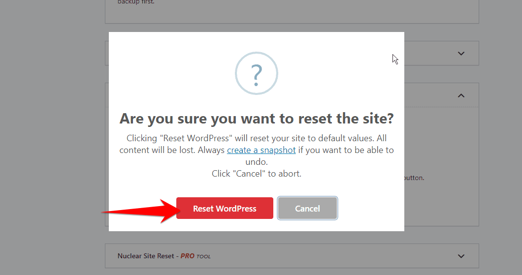 Click On Reset Wordpress Option