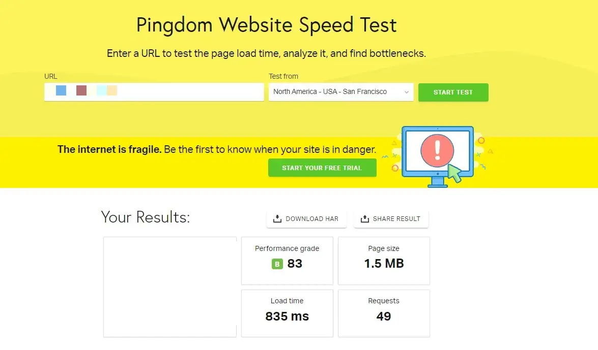 Pingdom Website Speed Test Of Woocommerce Website